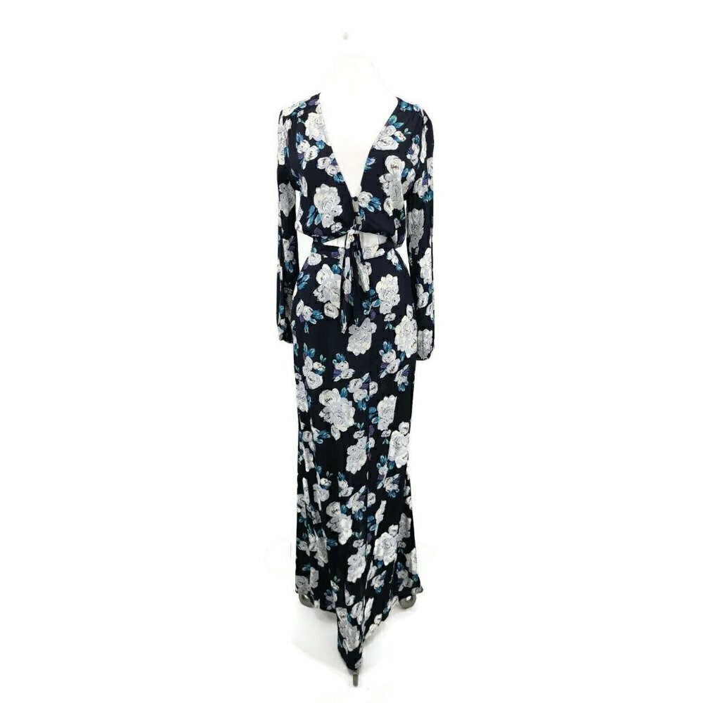 New Flynn Skye Long Sleeve Maxi Dress Womens M Black Blue Silver Roses Tie Front